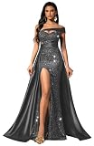 Augday Women's Sequin Prom Dress 2025 Long One Shoulder Formal Evening Party Gowns with Slit Grey US10