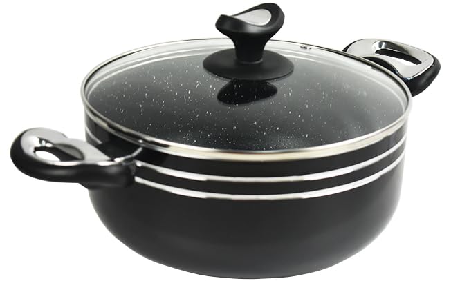 Casserole Dish with Glass Lid & Side Handles Aluminium Cookware Non-Stick Coating Cooking Pot Suitable for all Hobs Induction (Black 22cm)