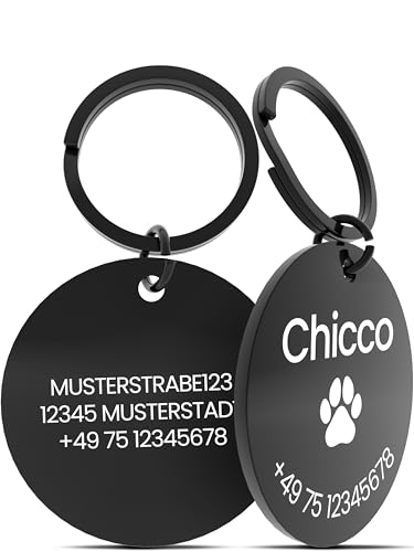 Hundemarke mit Gravur – ⌀30mm Robuster Hundeanhänger aus Edelstahl in Silber – Personalisierter Dog Tag mit Adresse auf der Rückseite (Rund Schwarz)