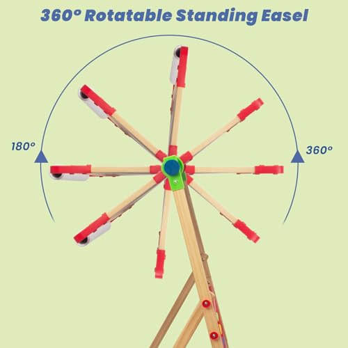 WoodenFun Kinder Kunst Staffelei Verstellbar mit Magnet, Doppelseitige Tafel mit löschbarer Magnettafel Hölzerne Tafel Holz für Kinder Standtafel 10-teiliges Set (Rot)