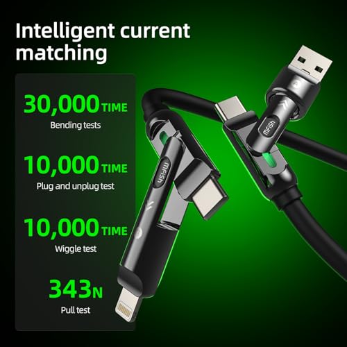 Image of MFish 4 in 1 Charging Cable, 240W Max Fast Charger Cord 10FT with Carrying Case, Silicone USB A /C to Lightning /C with Light, Multi Universal Cable for iPhone 17 /16 /MacBook /iPad /Laptop /Carplay, Black