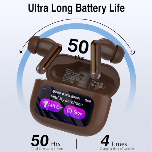 Image of Thunelec Wireless Earbuds with Touch Screen, 2026 New Bluetooth 5.4 Headphones with ANC /ENC Mic, 50H HiFi Stereo Ear Buds with 5 EQ Modes, Transparency Mode, IPX7 Earphones for Running, Brown