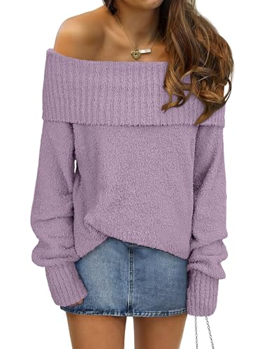ANRABESS Womens Turtleneck Off The Shoulder Fuzzy Knitted Long Sleeve Warm Casual Versatile Sweater 2025 Fall Purple Medium