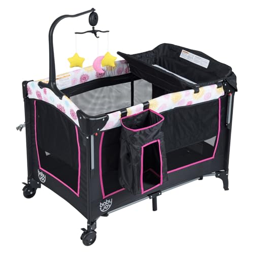 Image of BABY JOY 4 in 1 Pack and Play, Baby Bedside Sleeper with Bassinet, 3 Adjustable Heights, Music Box, Easy to Install, Foldable Bedside Crib w/Changing Table, Playards from Newborn to Toddlers Rose