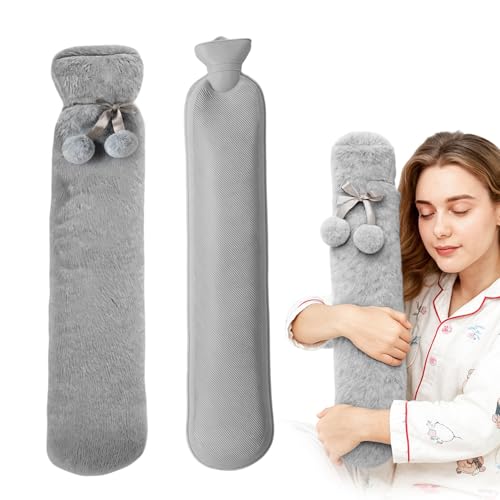 Bolsa de agua caliente larga 1,1 L 55 cm con funda de pelo de conejo de imitación gris, bolsa de agua caliente para calor a mano, vientre (dolor de reglas), espalda, hombros, calentamiento del