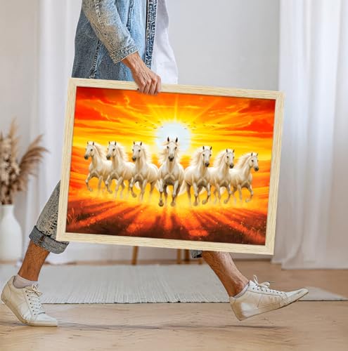 Image of ArtX Canvas 7 Horses Painting Vastu Frame Wall Art Painting, White Running Horses With Rising Sun, Wall Decor, Multicolor, Nature, 61.0 X 48.0 cm, Framed, Set of 1