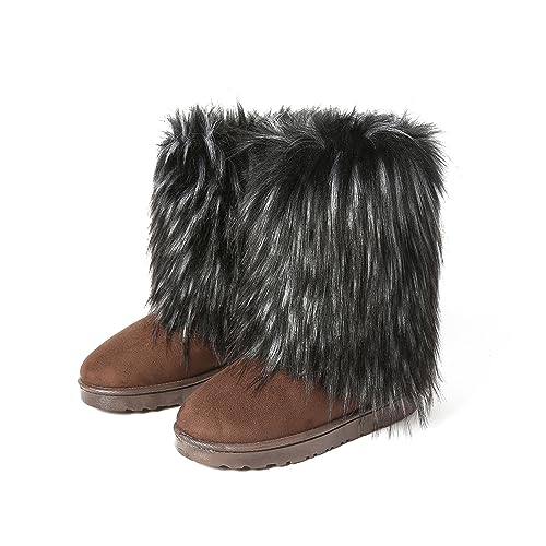 yamerbo Faux Fur Boots for Women, Fuzzy Flurry Furry Leg Warm Boots, Winter Mid-Calf Snow Shoes, Round Toe Suede Winter Warm Flat Short Boots for Outdoors3