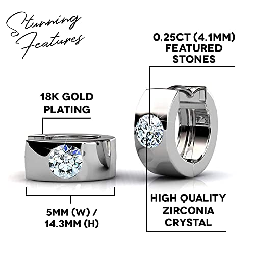 Cate & Chloe Alana Modern 18K White Gold Plated Small Hoop Earrings With Crystals, Small Crystal Hoops For Women, Solitaire Stone Earring Set, Silver Round Earrings Butterfly Clasp #TOP1