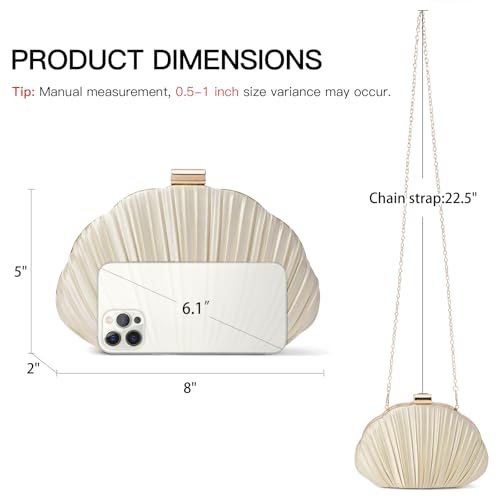 Image of RNIEGA Pleated Satin Seashell Evening Clutch Purse for Women Elegant Clutch Handbag Shoulder Bag with Chain for Wedding