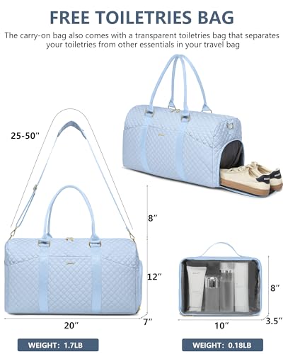 Image of Women Weekender Travel Duffle Bag: Travel Duffel Overnight Bags with Shoe Compartment Large Carry on Tote with Toiletry Bag Weekend Traveling Yoga Gym Hospital Bag for Women with Wet Pocket Light Blue