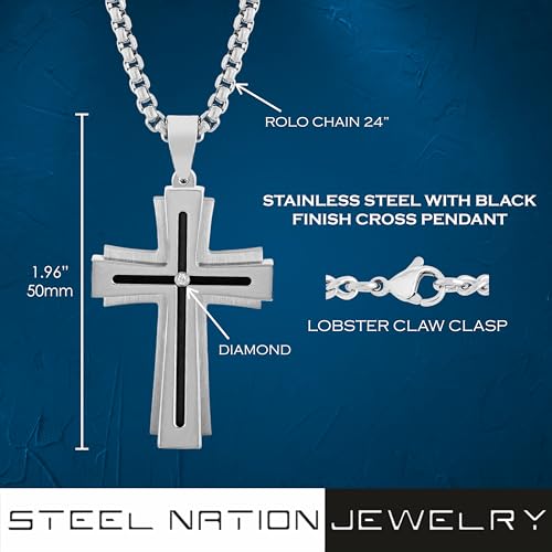 Men's Stainless Steel Layered Cross Pendant with Diamond Accent and Black Finish, 24" Rolo Chain2