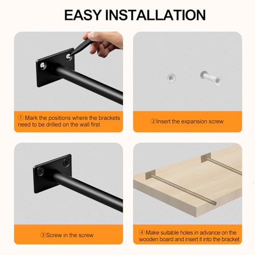 12 Pcs 6" Black Steel Floating Shelf Bracket Blind Shelf Supports - Hidden Brackets for Floating Wood Shelves - Concealed Blind Shelf Support – Screws and Wall Plugs Included