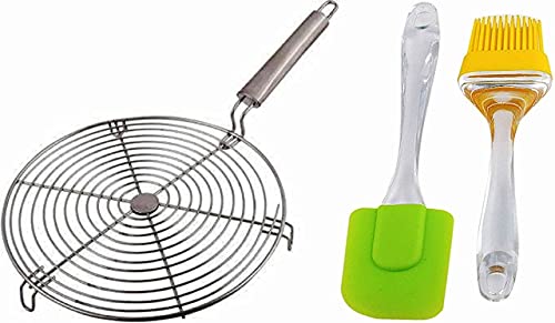 NewQ Round Stainless Steel Papad Jali, Paneer Grill, Roti Maker, Barbeque Jali Roaster Chapati Toast Grill Wooden Handle (Silver) with Big Spatula and Oil Brush Set