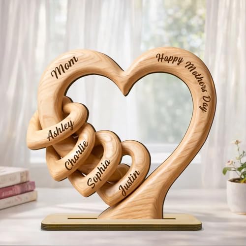 NAZENTI Personalized Mom Grandma Heart Wooden Plaque Custom Mothers Day Plaque for Mom Grandma with Kids Name Customized Sign Decorations for Mama Heartfelt Mothers Day Birthday Gifts for Wife