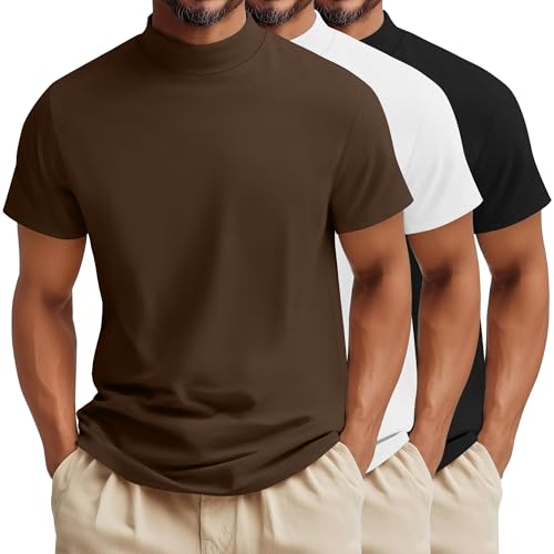 August Alley 3 Pack Mens Mock Neck T Shirts Short Sleeve Mock Turtleneck Undershirt Pullover Tops Casual Summer Basic Tees(X-Large Brown White Black)