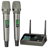 BASN Rechargeable UHF Wireless Dual Microphone System, Durable Mic and Mini Receiver with EQ/Reverb for Outdoor Events, Gatherings Parties Socials Weddings Festivals Karaoke (Champagne Silver)