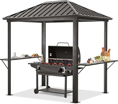 Udorich Enhance Outdoor Cooking with 6x8 Metal Hardtop Grill Gazebo, Durable Steel Roof and Handy Shelves, Dark Brown