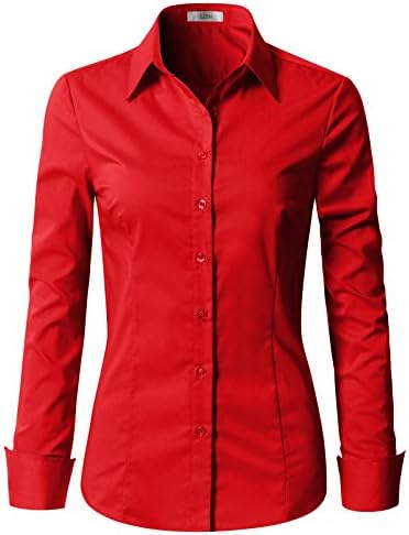 EZEN Womens Slim-Fit Long-Sleeve Stretchy Button-Down Collared Shirt Blouse (WBDS003-RED-M)