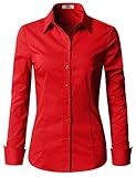 EZEN Womens Slim-Fit Long-Sleeve Stretchy Button-Down Collared Shirt Blouse (WBDS003-RED-M)