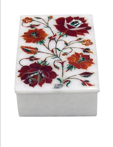 Boîte à bijoux marbre blanc rectangulaire avec pierres incrustées