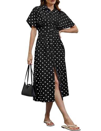 Image of MSBESYOR Women Button Front Pleated Shirt Maxi Dress Summer Striped Prints Short Sleeve Collar Casual Long Dresses