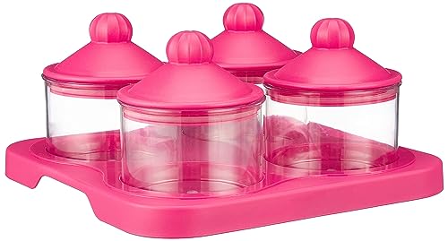 Amazon Brand - Solimo Air-Tight Dry Fruit Container Tray Set With Lid & Serving Tray, Airtight Plastic Storage Container Set 500 ml | Set of 4, Pink