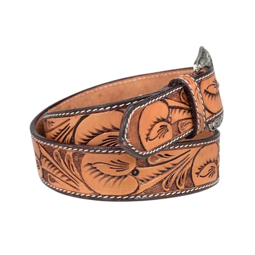 RESISTANCE Premium Western Cowgirl Cowboy Floral Tooled Argentinian Leather Belt With Floral Embossed Silver Buckle2