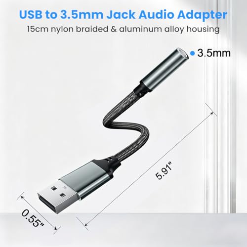 Image of Verilux USB to 3.5mm Jack Audio Adapter, Sound Card USB to Aux Adapter,15cm Nylon Braided Aluminum Alloy Housing External Sound Card Adapter for Headphones, Speakers & Microphone