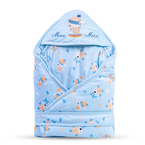 Image of Mee Mee Baby Warm and Soft Swaddle Wrapper Hooded with Hood Blanket for Newborn Babies with Cute Dog Print | Light Weight | Easy Maintenance | Full Coverage | Yellow | 6+ Months (Blue)