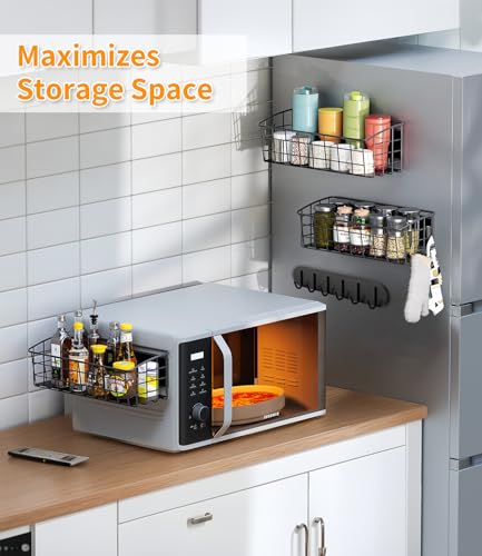 Image of 2Pack Magnetic Shelf for Refrigerator with 2 Moveable Hooks and 1 Hook Rack | Strong Magnetic Spice Rack for Kitchen Storage, Fruit Potato Onion Storage Shelves, Large Magnetic Basket Organizer