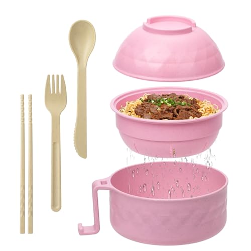 MUUBOOX Ramen Cooker 32oz Ramen Bowl Set Microwave Ramen Bowl Microwave Bowl with Lid Portable Noodle Bowls for Home Office Dorm Room College gift (Pink)