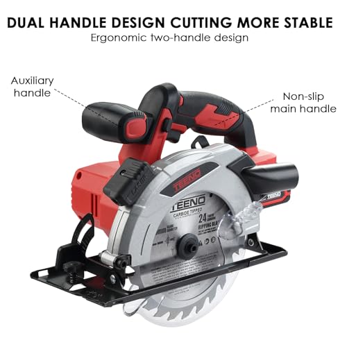 Image of TEENO Cordless laser circular saw 4000 RPM with electric brake, 2X2.0 AH batteries, 2X165mm blades, adjustable depth and cutting angle up to 38mm (45), 54mm (90).