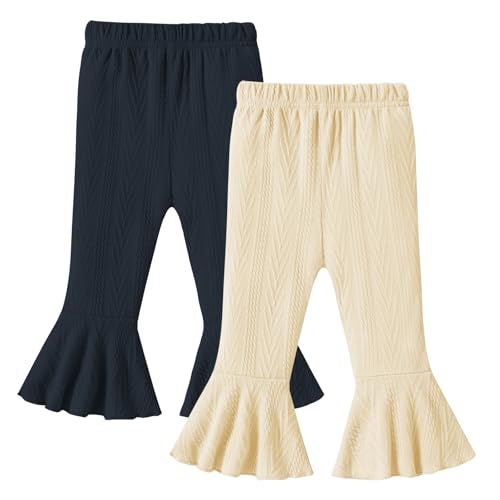 2 Pack Toddler Baby Girl Pants Flare Leggings Ribbed Knit Newborn Bell Bottoms Solid Ruffle Infant Pants for Girls