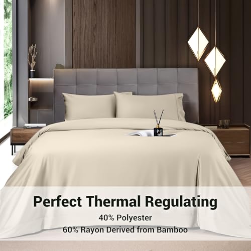 Image of Shilucheng 4 Piece Full Sheet Sets, Cooling Sheets, Blend Rayon Derived from Bamboo, Deep Pocket Up to 16 inch, Breathable & Soft Bed Sheets, Hotel Silky Bedding Set, Sand