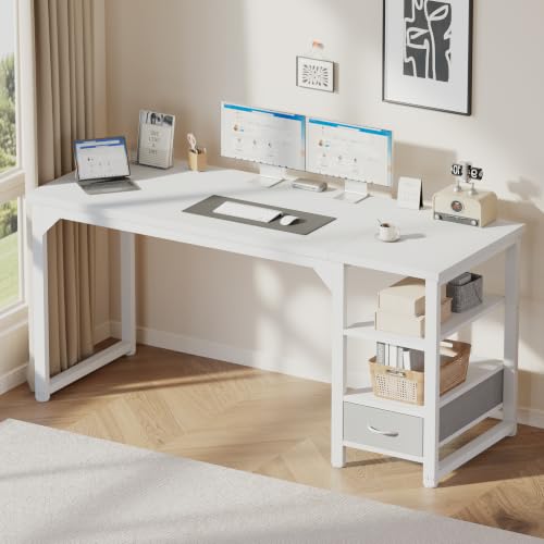 Image of Mericonia 48 in Computer Desk with Drawer, 1 inch Thick Reversible Office Desk | Modern Writing Table with Storage Shelves, Heavy Duty Industrial Study Desk for Home Bedroom Work