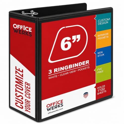 Image of 6 Inch 3 Ring Binder, Holds 1100 Sheets, Locking D-Ring, PVC-Free, Black | Heavy Duty with Pockets, Non-Stick Clear View Customizable Cover, Fits 8.5 x 11, Extra Large D-Ring Binder - Office Werks