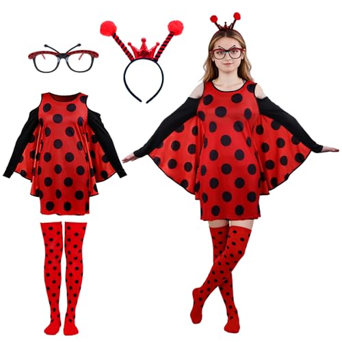 Kitimi Marienkäfer Kostüm Damen, Marienkäfer Kostüm Erwachsene, 4 Stück Ladybug Frauenkostüm für Karneval Cosplay mit Haarreif Socken Brille,...