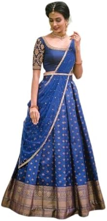 NecwaWomen's Traditional Kanjivaram Silk Lehenga Choli With Blouse Piece And Dupatta Half Saree