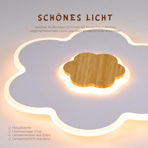 LUOLONG LED Deckenleuchte Kinder Deckenlampe Blumenform Holz Kinderzimmer Deckenleuchten Dimmbar 3000K-6000K 35W 50cm Junge Mädchen Baby Weiß Kinder Schlafzimmer lampe Mit Nachtlichtfunktion
