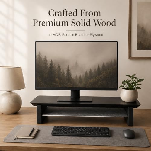 Image of Deskvue 36 inch Single Monitor Desk Shelf | with ONE SMALL Aluminum Under-Shelf | Medium Monitor Riser | Office Desk Storage | Grovemade Inspired | MATTE BLACK