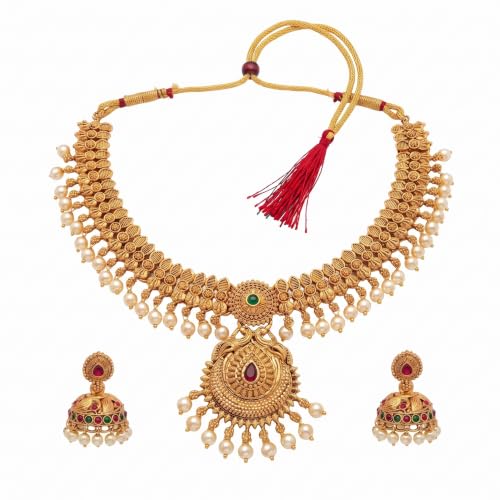 Image of Gold-Plated Antique Temple Jewellery Set for Women - Traditional Necklace with Large Peacock Pendant & Matching Jhumka Earrings | Ethnic Festive & Bridal Wear Set with Ruby & Emerald Accents