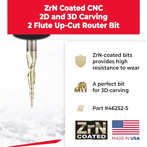 Image of Amana Tool Up Cut Spiral CNC Router Bits for 2D /3D Carving, ZrN Coated, 46252-S, 5.5 Deg Tapered Angle Ball Tip x 1 /16 D x 1 /32 R x 1 x 1 /4 Shk x 2 Fl