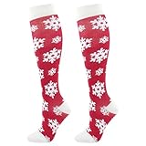 Junely Compression Socks for Women Christmas Snowflake Knee High Stockings for Running Athletic Nurses Pregnant Women Work Support Travel Flight Sports Gifts Red