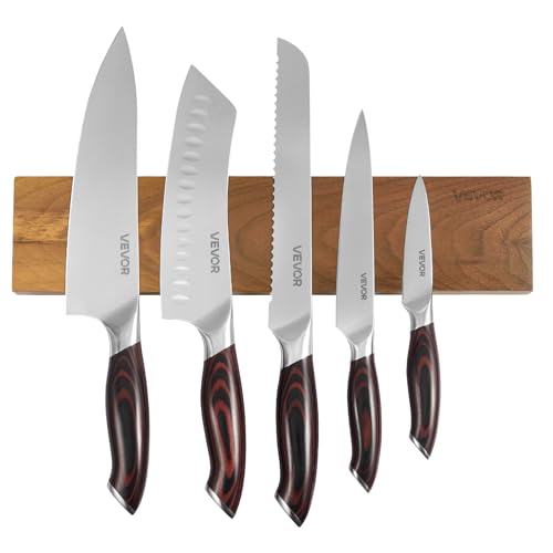 VEVOR Messerset 6-tlg. Küchenmesserset mit magnetischer Messerhalter, Messer aus hochkohlenstoffhaltigem Edelstahl, Küchenbesteck mit ergonomischem & bruchfestem Griff, Magnetleiste in Walnussoptik