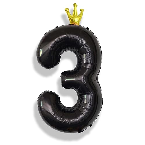 Image of 3rd Birthday Number Balloons for Girls, 40 Inch Black Foil Number Balloons, Large Crown Number Balloons 0-9 Set for Boys 30th Birthday Party Decor Anniversary Decoration Supplies