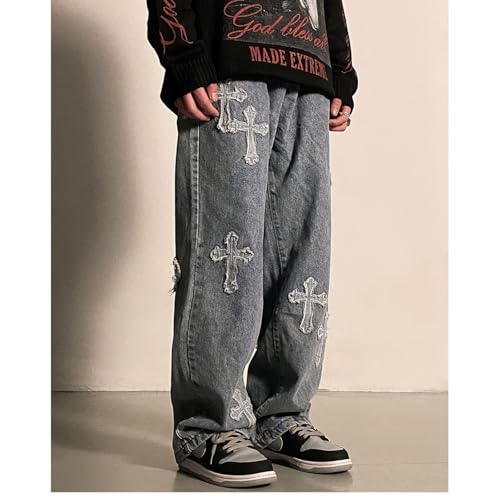 Baggy Jeans Men Streetwear Grunge Y2k Pants Distressed Cross Patch Cloth Frayed Gothic Punk Denim Clothes4