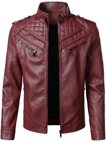 HOOD CREW Mens Faux Leather Jackets Vintage Biker Motorcycle Jacket for Men Red 3XL