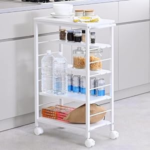 山善(YAMAZEN) キッチンワゴン キャスター付き 5段 可動棚 キッチン 収納 耐荷重66kg デスクサイド ワゴン プリンターラック 幅30×奥行56×高さ85cm 組立品 ホワイト/マットホワイト MMG-8530C(EWH...