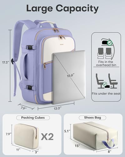 Image of HOTOR Travel Backpack for Women - TSA-Friendly Travel Bag with Multiple Compartments & 3 Packing Cubes, Water-Resistant & Comfortable, Perfect for Travel Essentials, Purple, 17.3 inch x 13.0 inch x 7.9 inch