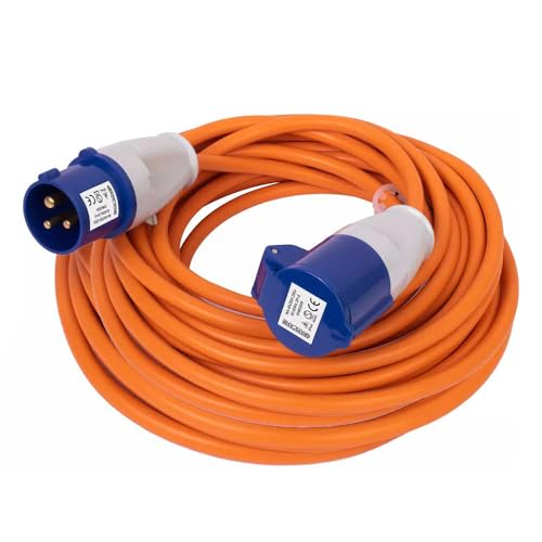 Heavy Duty Caravan Hook Up Cable 25M Extension Lead Cable 16 Amp Cable 240V Camping Extension Lead High Visibility Orange - Perfect for Campervans & Motorhomes (25M)